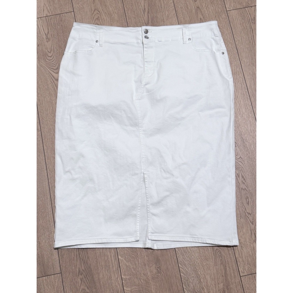 Ophelia Roe White Denim Skirt 3X Plus Size Stretch Casual Pencil Midi Slit NEW